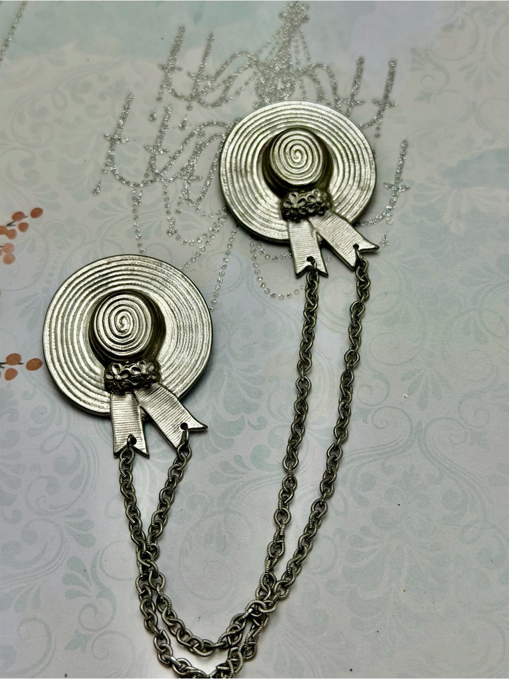 Vintage Silvery Hat Chatelaine Brooch # cz407